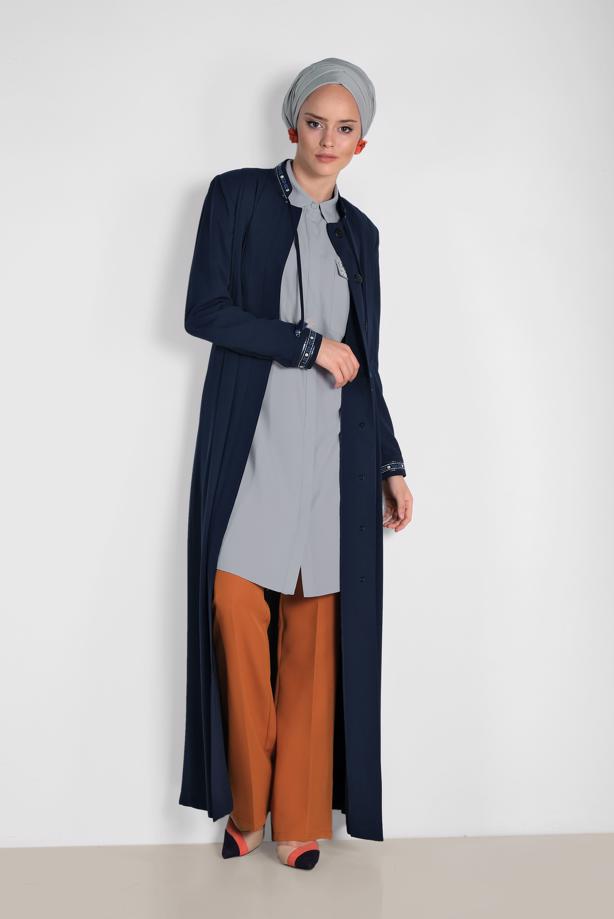Hijab clothing NAVY BLUE ALVINA EMBROIDERED TOPCOAT 1424  - TRENDTESETTÜR