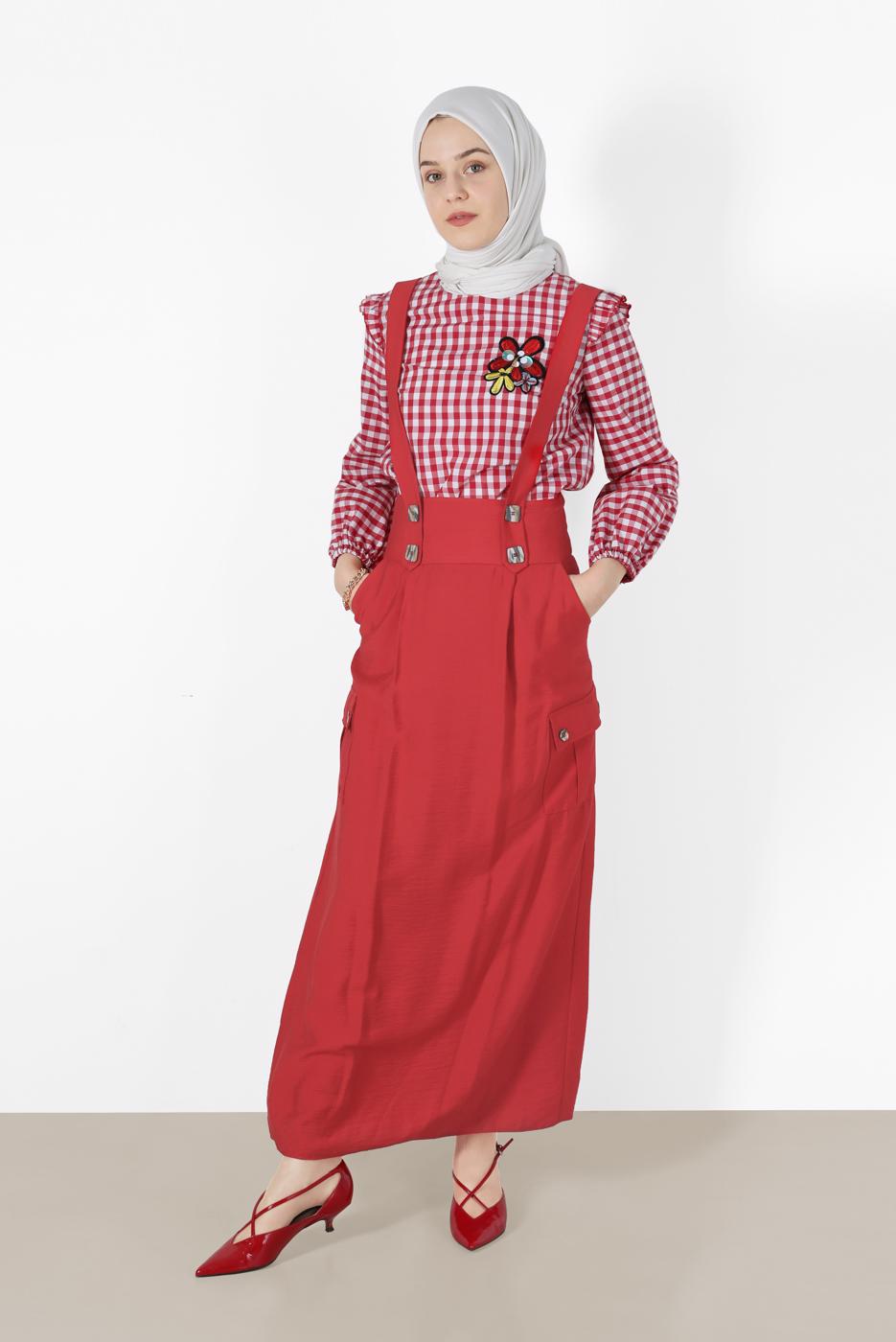 Tesettür giyim KIRMIZI ALVİNA CEP DETAYLI DÜĞMELİ SALOPET 4478