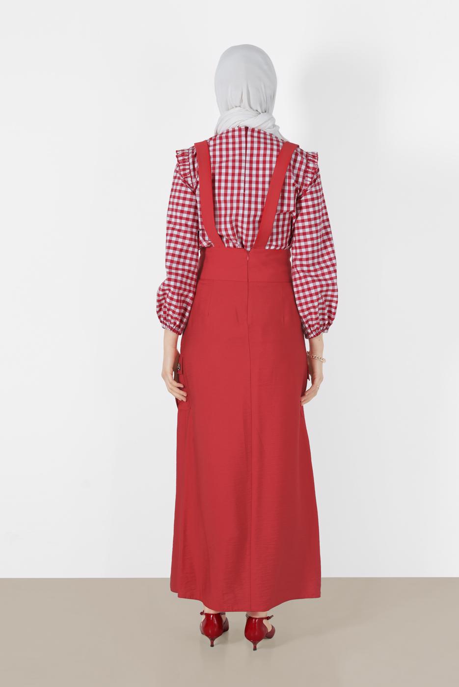 Tesettür giyim KIRMIZI ALVİNA CEP DETAYLI DÜĞMELİ SALOPET 4478