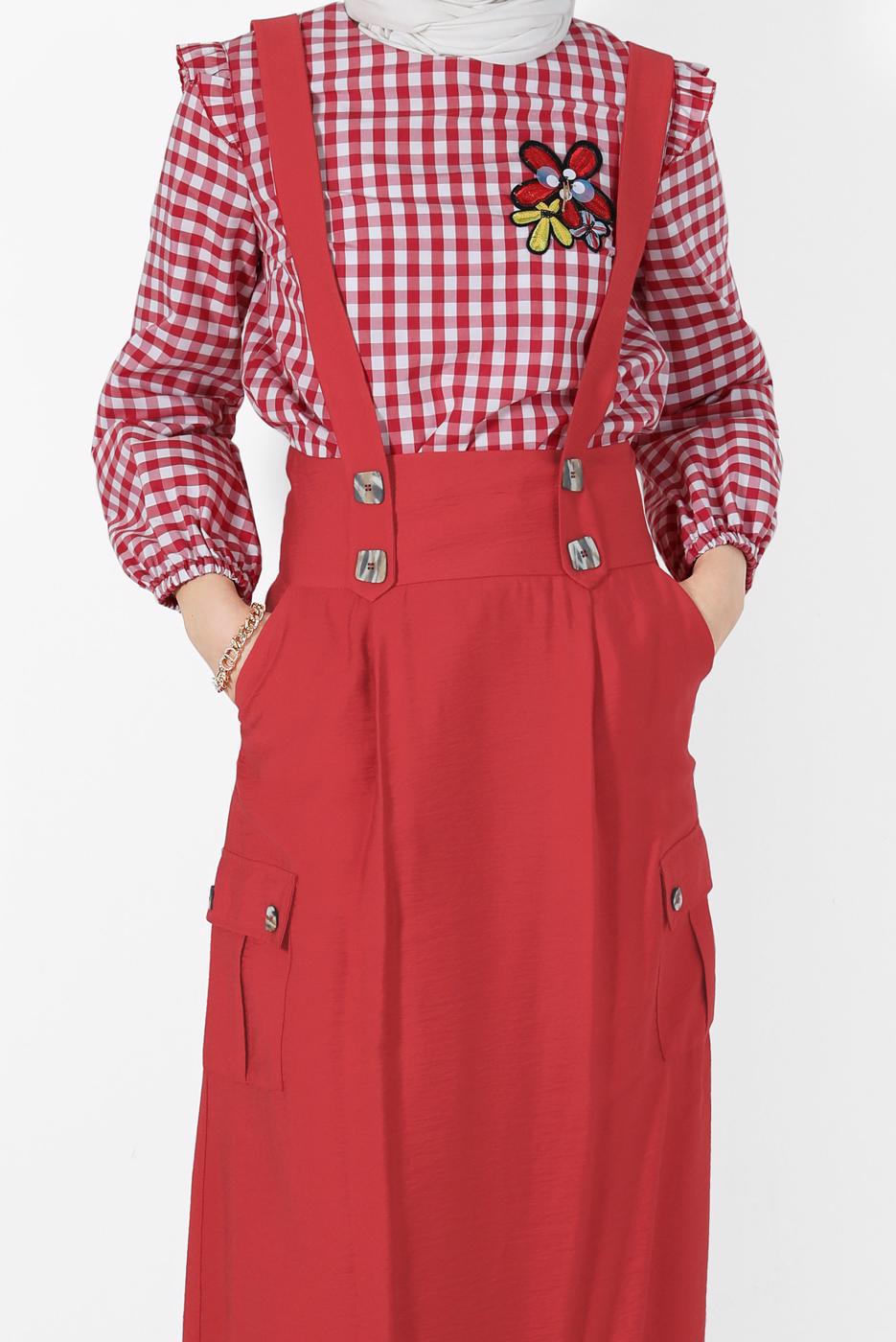 Tesettür giyim KIRMIZI ALVİNA CEP DETAYLI DÜĞMELİ SALOPET 4478