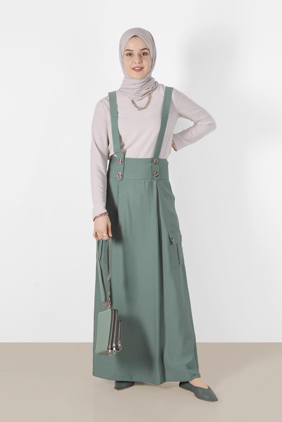 Tesettür giyim YEŞİL ALVİNA CEP DETAYLI DÜĞMELİ SALOPET 4478