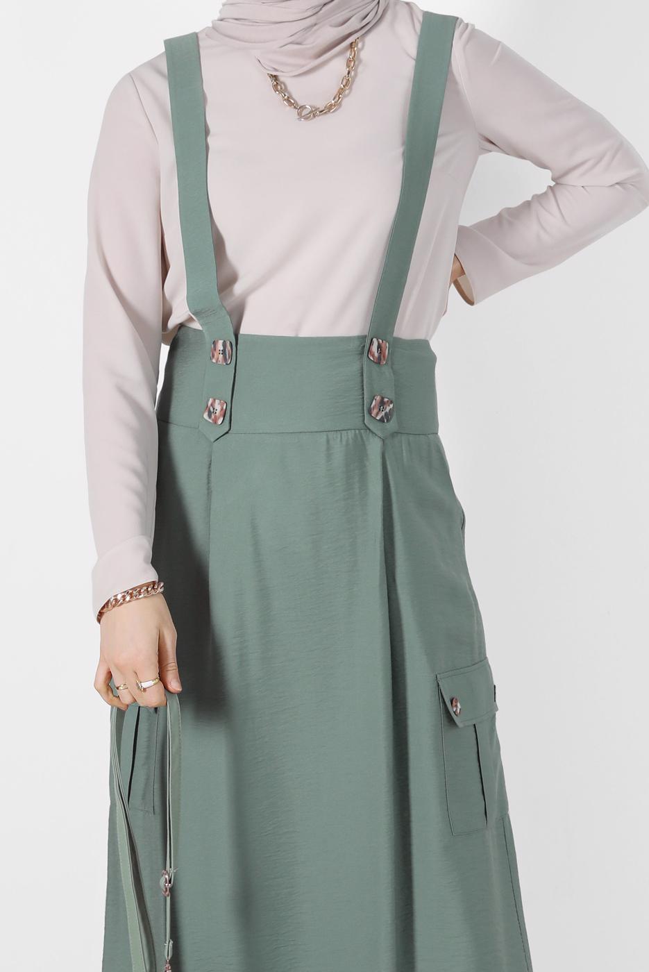 Tesettür giyim YEŞİL ALVİNA CEP DETAYLI DÜĞMELİ SALOPET 4478