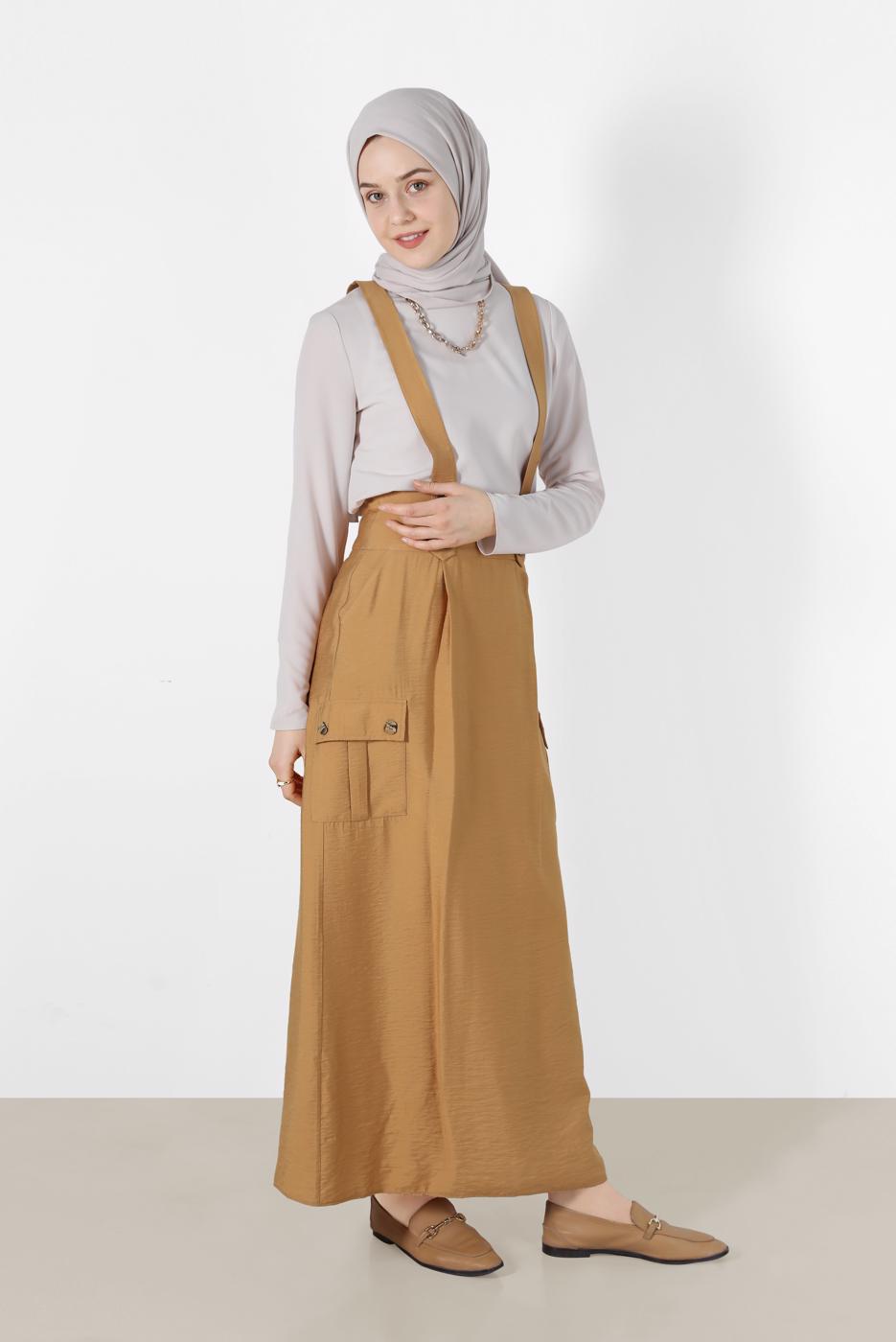 Tesettür giyim TABA ALVİNA CEP DETAYLI DÜĞMELİ SALOPET 4478