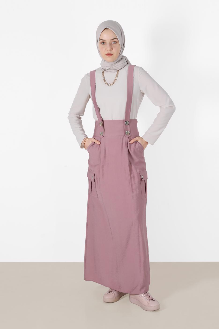 Tesettür giyim PEMBE ALVİNA CEP DETAYLI DÜĞMELİ SALOPET 4478