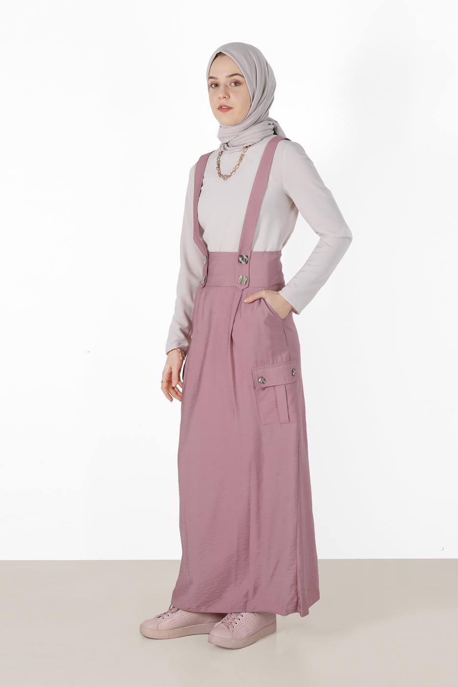 Tesettür giyim PEMBE ALVİNA CEP DETAYLI DÜĞMELİ SALOPET 4478