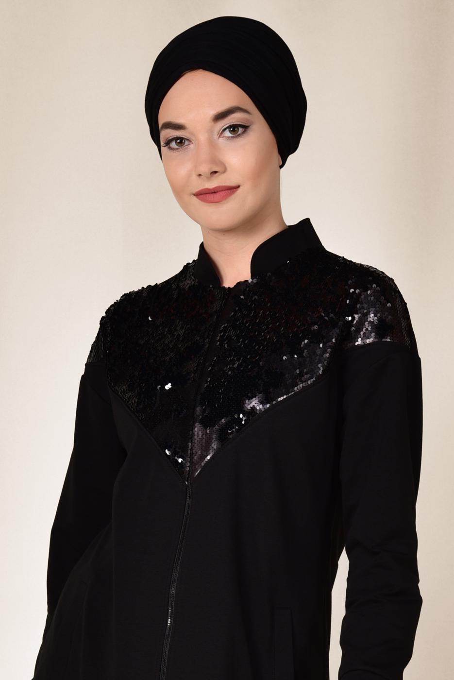 Tesettür giyim SİYAH ALVİNA PUL PAYETLİ 2&prime;Lİ PANTOLONLU TAKIM 4071