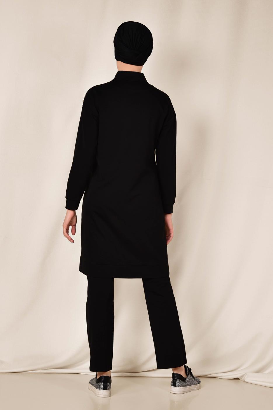 Tesettür giyim SİYAH ALVİNA PUL PAYETLİ 2&prime;Lİ PANTOLONLU TAKIM 4071