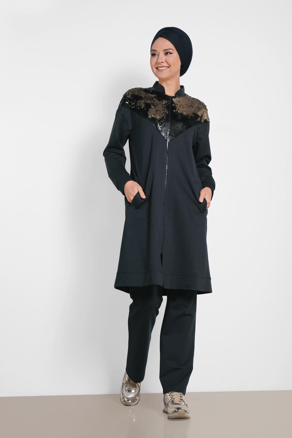 Tesettür giyim LACİVERT ALVİNA PUL PAYETLİ 2&prime;Lİ PANTOLONLU TAKIM 4071