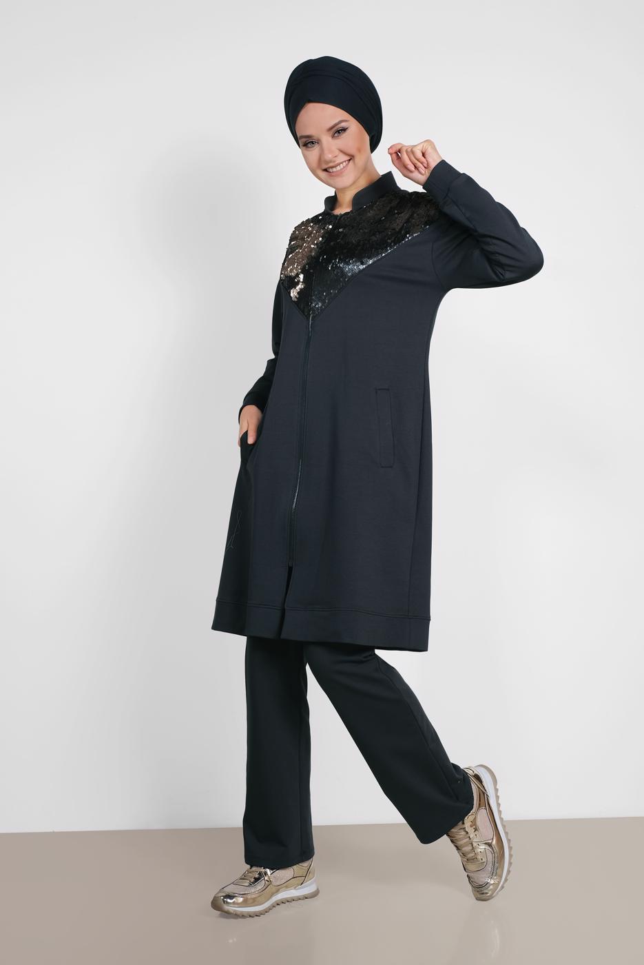 Tesettür giyim LACİVERT ALVİNA PUL PAYETLİ 2&prime;Lİ PANTOLONLU TAKIM 4071