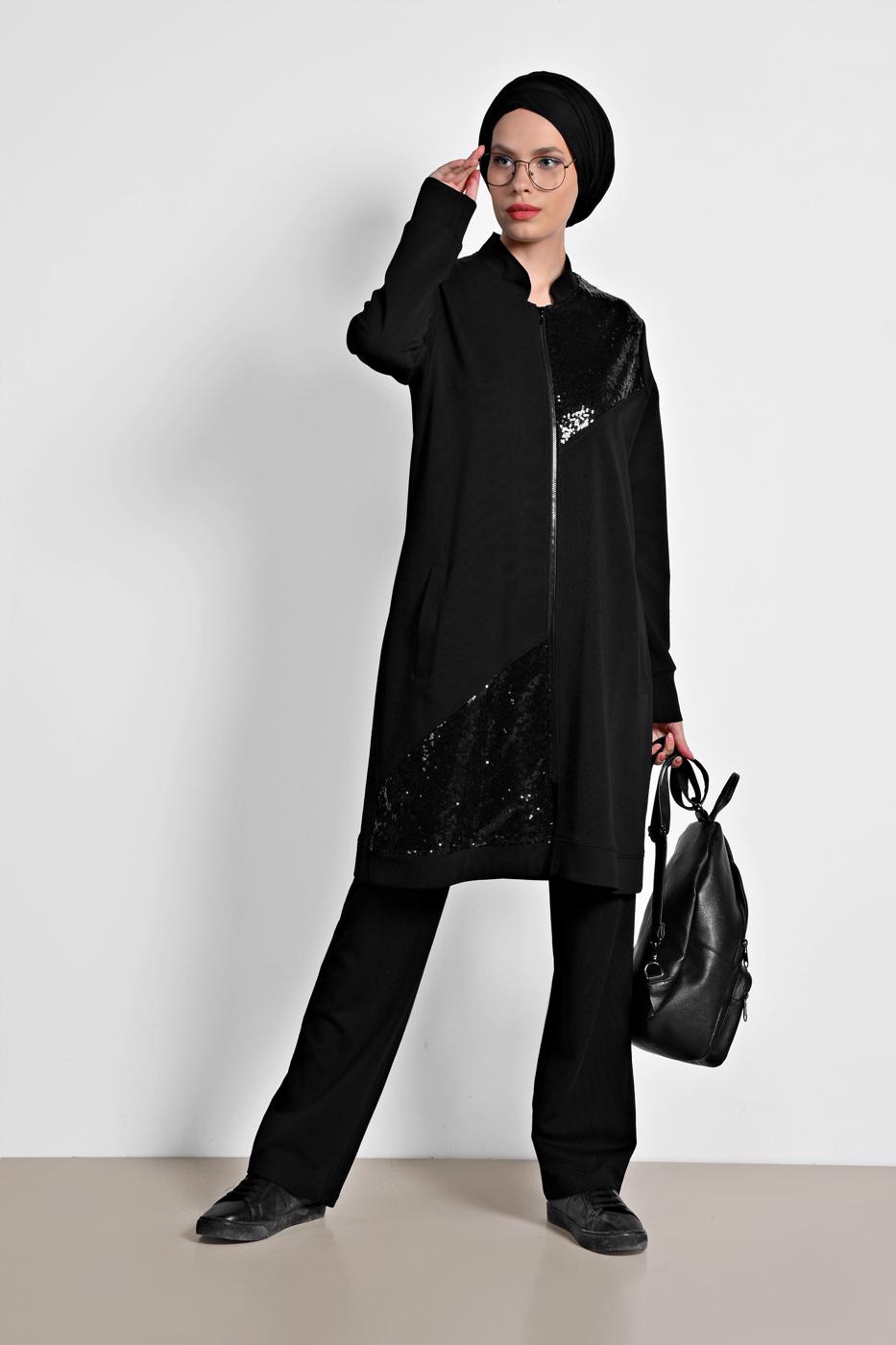 Tesettür giyim SİYAH ALVİNA PUL PAYET İŞLEMELİ 2&prime;Lİ PANTOLONLU TAKIM 4276