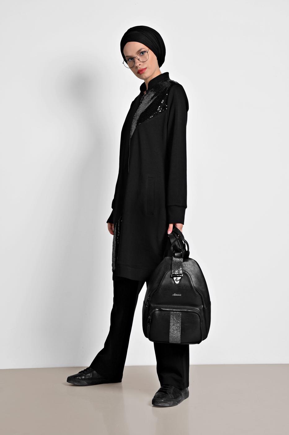 Tesettür giyim SİYAH ALVİNA PUL PAYET İŞLEMELİ 2&prime;Lİ PANTOLONLU TAKIM 4276