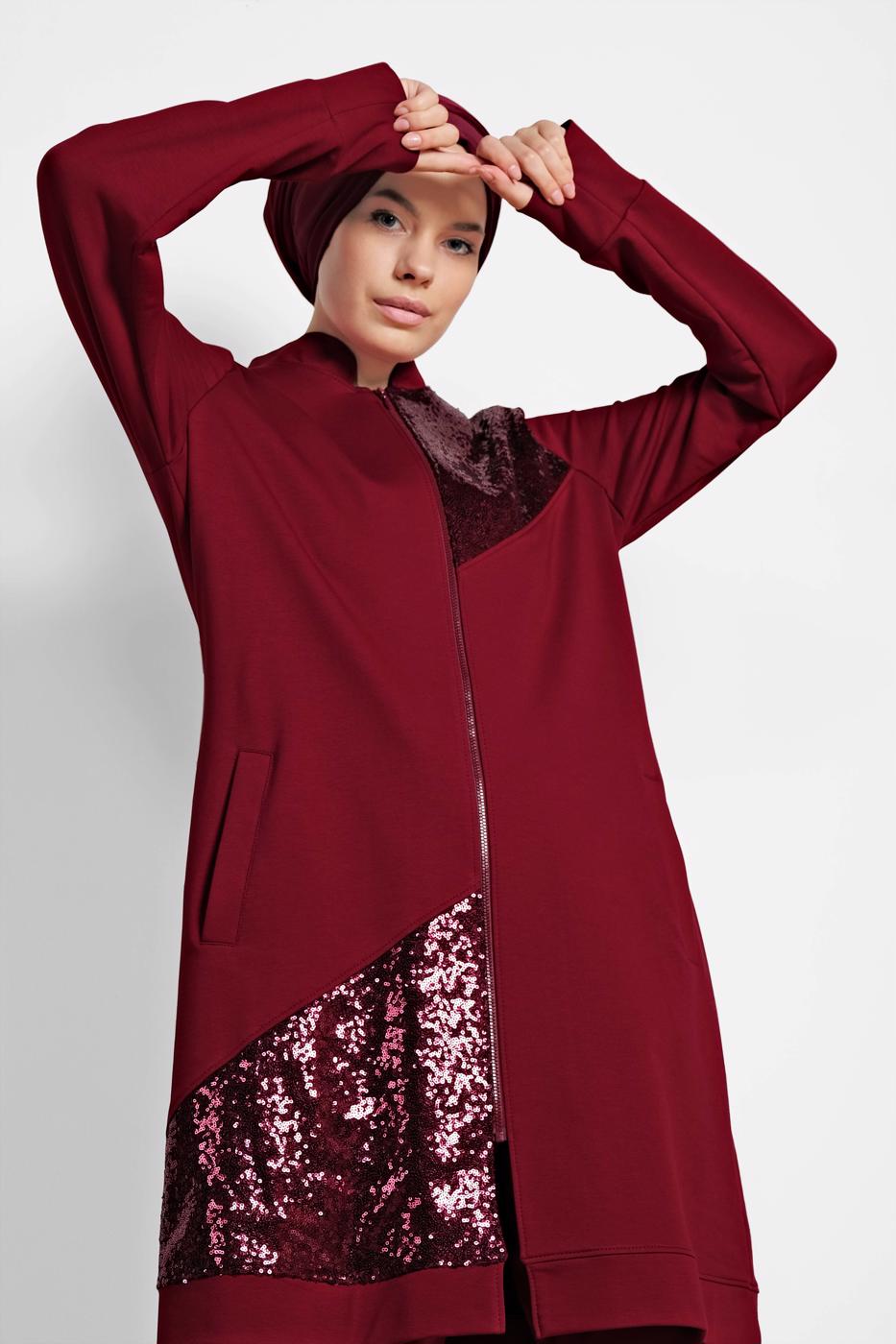 Tesettür giyim BORDO ALVİNA PUL PAYET İŞLEMELİ 2&prime;Lİ PANTOLONLU TAKIM 4276