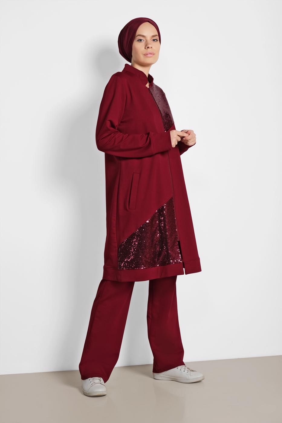 Tesettür giyim BORDO ALVİNA PUL PAYET İŞLEMELİ 2&prime;Lİ PANTOLONLU TAKIM 4276