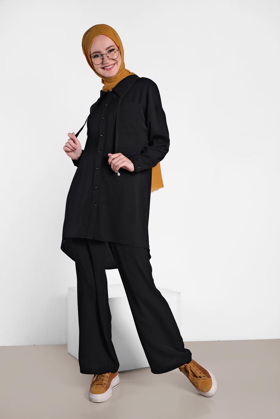 Tesettür giyim SİYAH ALVİNA YAKA KISMI BÜZGÜLÜ 2&prime;Lİ PANTOLONLU TAKIM 4325