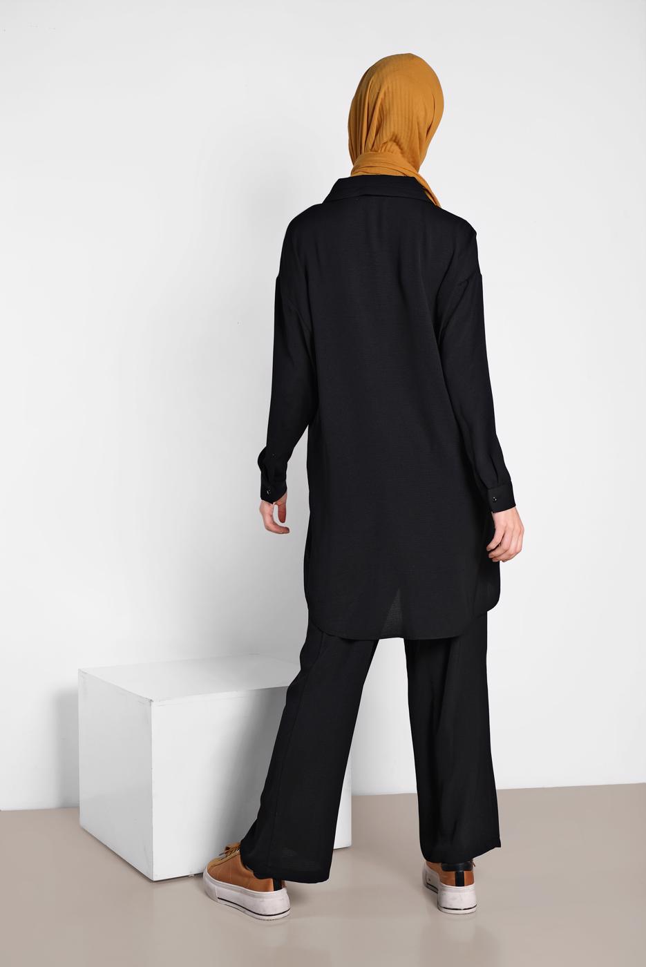 Tesettür giyim SİYAH ALVİNA YAKA KISMI BÜZGÜLÜ 2&prime;Lİ PANTOLONLU TAKIM 4325