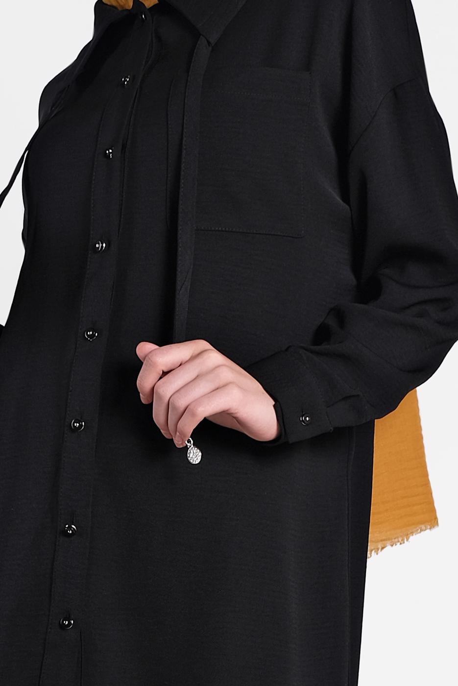 Tesettür giyim SİYAH ALVİNA YAKA KISMI BÜZGÜLÜ 2&prime;Lİ PANTOLONLU TAKIM 4325