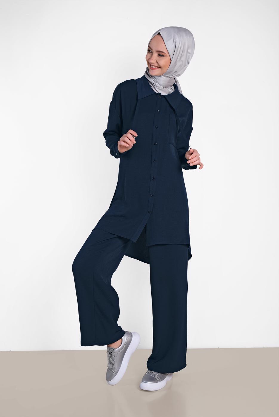 Tesettür giyim LACİVERT ALVİNA YAKA KISMI BÜZGÜLÜ 2&prime;Lİ PANTOLONLU TAKIM 4325