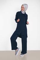 Tesettür giyim LACİVERT ALVİNA YAKA KISMI BÜZGÜLÜ 2&prime;Lİ PANTOLONLU TAKIM 4325