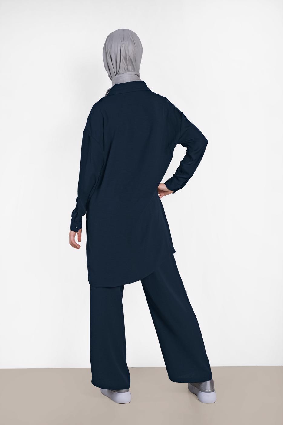 Tesettür giyim LACİVERT ALVİNA YAKA KISMI BÜZGÜLÜ 2&prime;Lİ PANTOLONLU TAKIM 4325