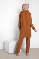 Tesettür giyim TABA ALVİNA YAKA KISMI BÜZGÜLÜ 2&prime;Lİ PANTOLONLU TAKIM 4325