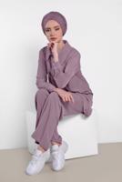 Tesettür giyim MÜRDÜM ALVİNA YAKA KISMI BÜZGÜLÜ 2&prime;Lİ PANTOLONLU TAKIM 4325