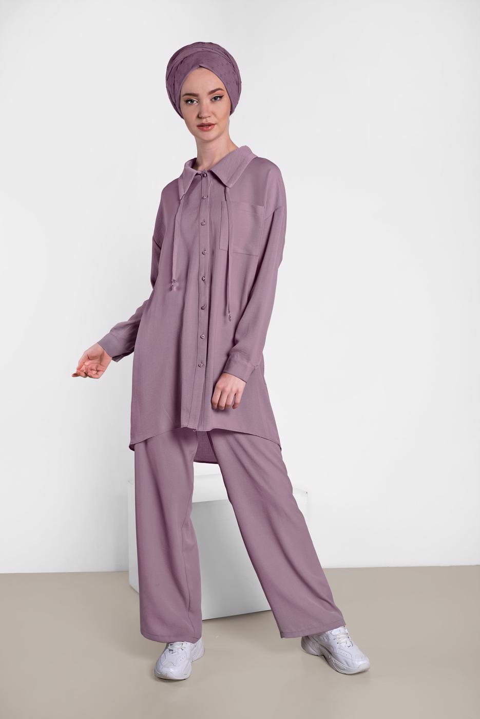 Tesettür giyim MÜRDÜM ALVİNA YAKA KISMI BÜZGÜLÜ 2&prime;Lİ PANTOLONLU TAKIM 4325