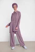 Tesettür giyim MÜRDÜM ALVİNA YAKA KISMI BÜZGÜLÜ 2&prime;Lİ PANTOLONLU TAKIM 4325