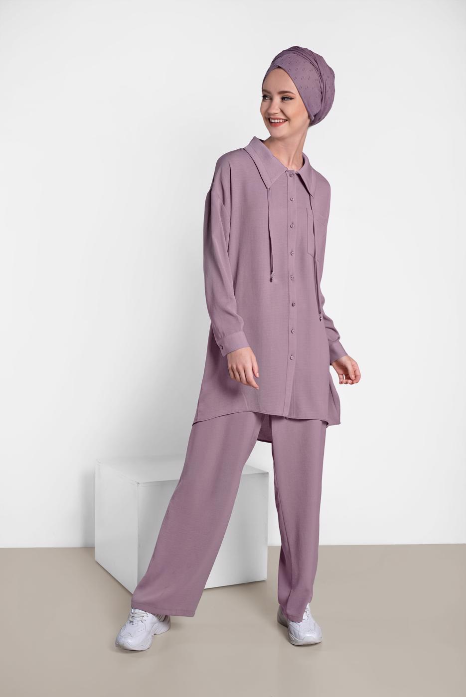 Tesettür giyim MÜRDÜM ALVİNA YAKA KISMI BÜZGÜLÜ 2&prime;Lİ PANTOLONLU TAKIM 4325