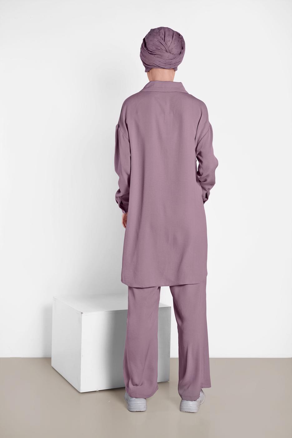 Tesettür giyim MÜRDÜM ALVİNA YAKA KISMI BÜZGÜLÜ 2&prime;Lİ PANTOLONLU TAKIM 4325