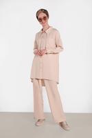 Tesettür giyim BEJ ALVİNA YAKA KISMI BÜZGÜLÜ 2&prime;Lİ PANTOLONLU TAKIM 4325