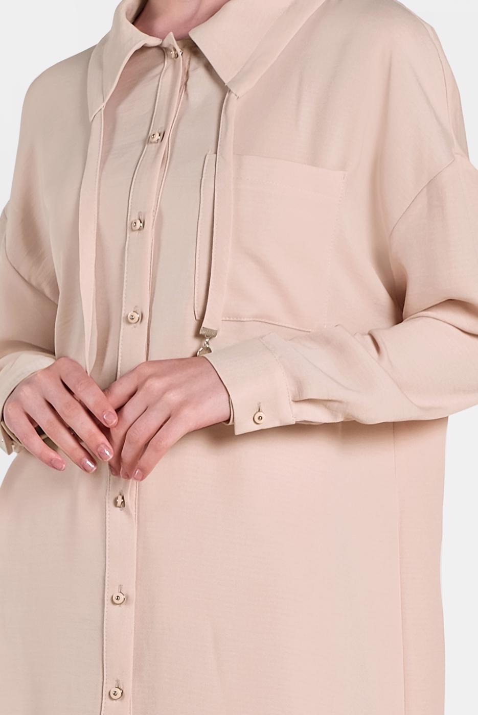 Tesettür giyim BEJ ALVİNA YAKA KISMI BÜZGÜLÜ 2&prime;Lİ PANTOLONLU TAKIM 4325