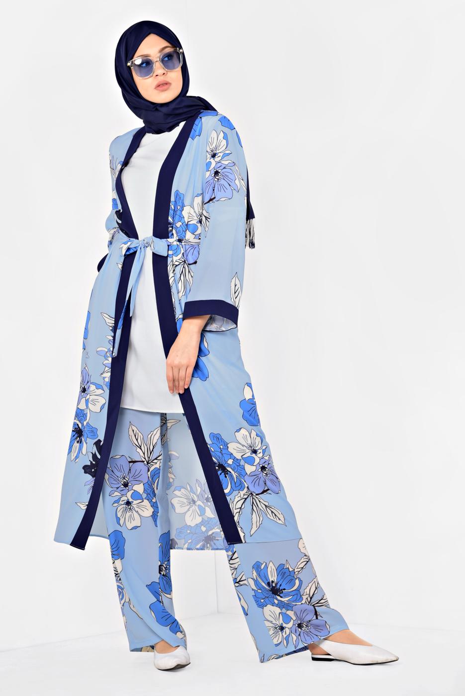 Tesettür giyim MAVİ ÇİÇEK DESENLİ İKİLİ PANTOLONLU TAKIM 4923	