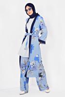 Tesettür giyim MAVİ ÇİÇEK DESENLİ İKİLİ PANTOLONLU TAKIM 4923	