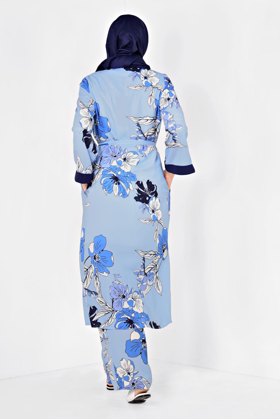 Tesettür giyim MAVİ ÇİÇEK DESENLİ İKİLİ PANTOLONLU TAKIM 4923	