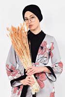 Tesettür giyim GRİ ÇİÇEK DESENLİ İKİLİ PANTOLONLU TAKIM 4923	