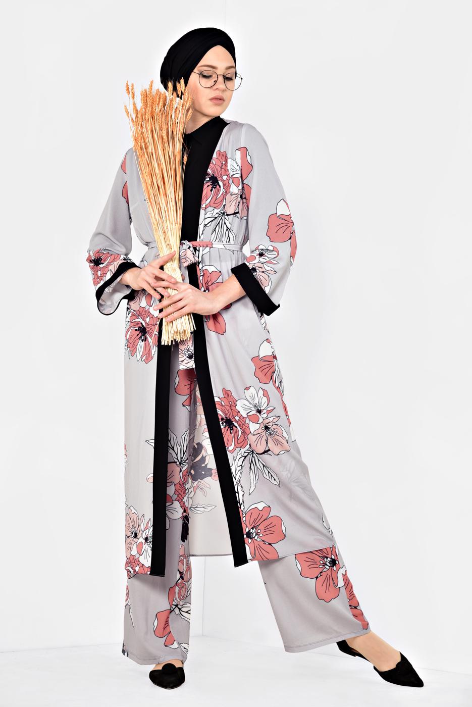 Tesettür giyim GRİ ÇİÇEK DESENLİ İKİLİ PANTOLONLU TAKIM 4923	