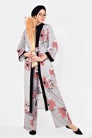 Tesettür giyim GRİ ÇİÇEK DESENLİ İKİLİ PANTOLONLU TAKIM 4923	