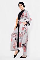 Tesettür giyim GRİ ÇİÇEK DESENLİ İKİLİ PANTOLONLU TAKIM 4923	