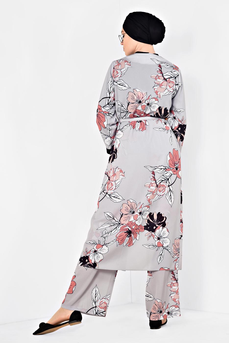 Tesettür giyim GRİ ÇİÇEK DESENLİ İKİLİ PANTOLONLU TAKIM 4923	