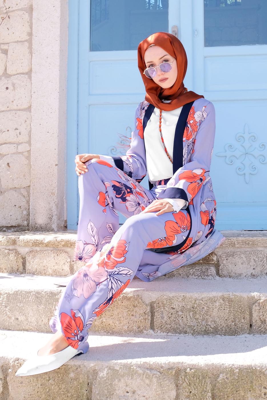 Tesettür giyim MOR ÇİÇEK DESENLİ İKİLİ PANTOLONLU TAKIM 4923	