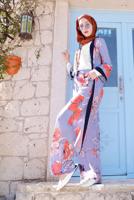 Tesettür giyim MOR ÇİÇEK DESENLİ İKİLİ PANTOLONLU TAKIM 4923	