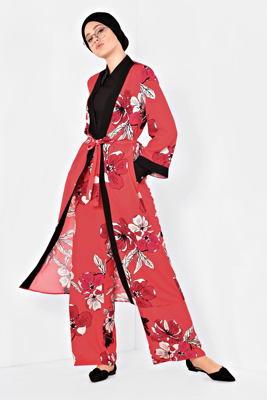 Tesettür giyim KIRMIZI ÇİÇEK DESENLİ İKİLİ PANTOLONLU TAKIM 4923	