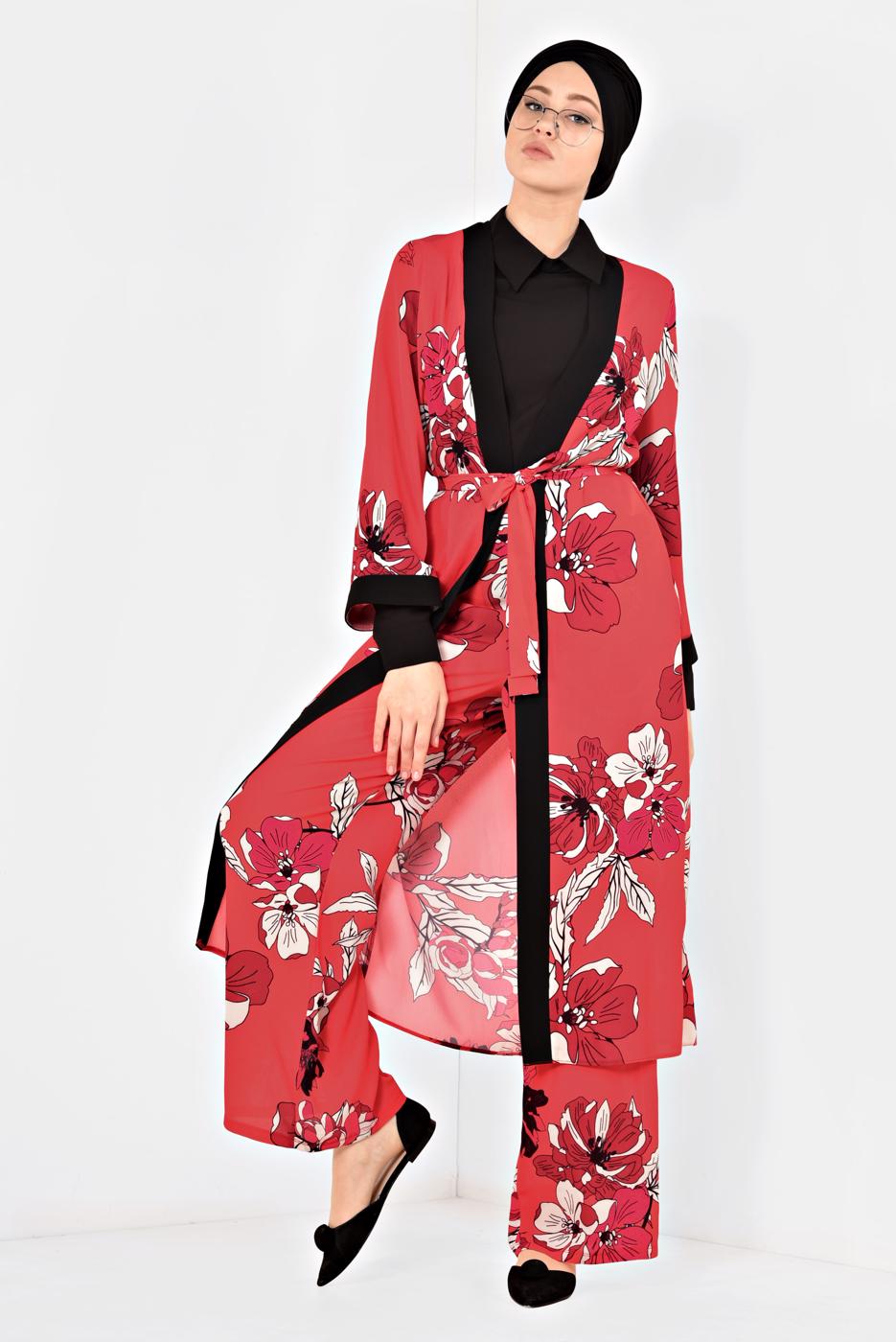 Tesettür giyim KIRMIZI ÇİÇEK DESENLİ İKİLİ PANTOLONLU TAKIM 4923	