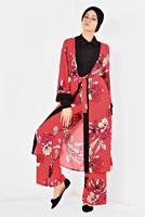 Tesettür giyim KIRMIZI ÇİÇEK DESENLİ İKİLİ PANTOLONLU TAKIM 4923	
