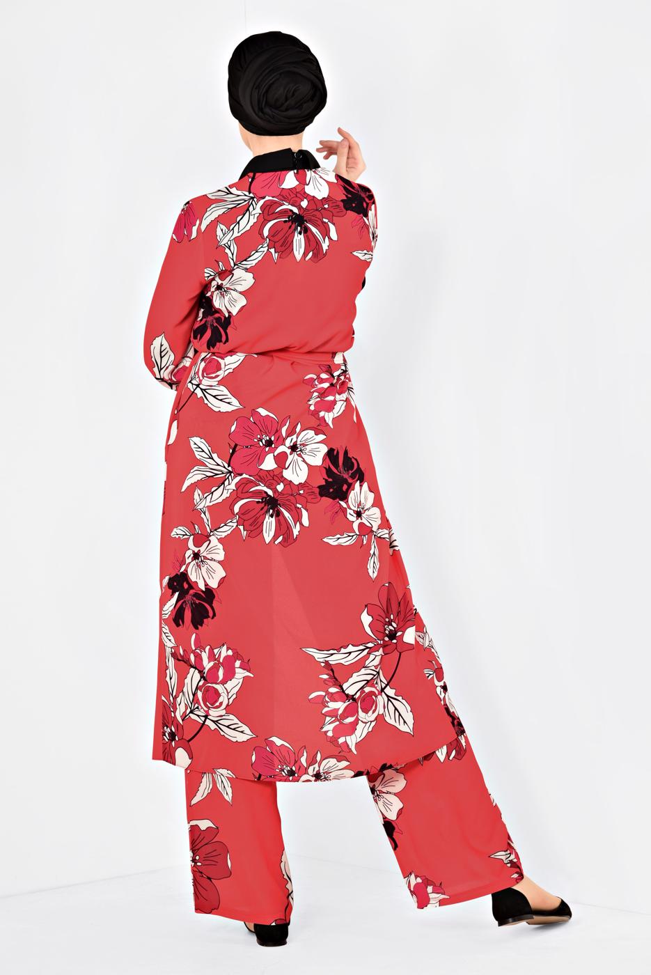 Tesettür giyim KIRMIZI ÇİÇEK DESENLİ İKİLİ PANTOLONLU TAKIM 4923	