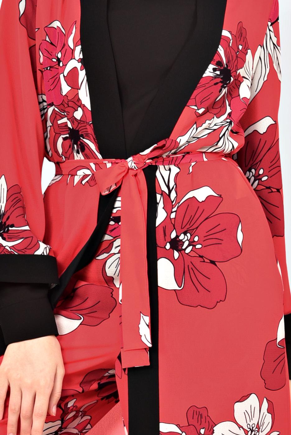 Tesettür giyim KIRMIZI ÇİÇEK DESENLİ İKİLİ PANTOLONLU TAKIM 4923	