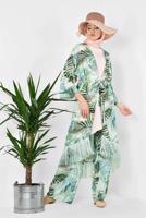 Tesettür giyim YEŞİL ALVİNA DESENLİ PÜSKÜLLÜ 2&prime;Lİ PANTOLONLU TAKIM 4998