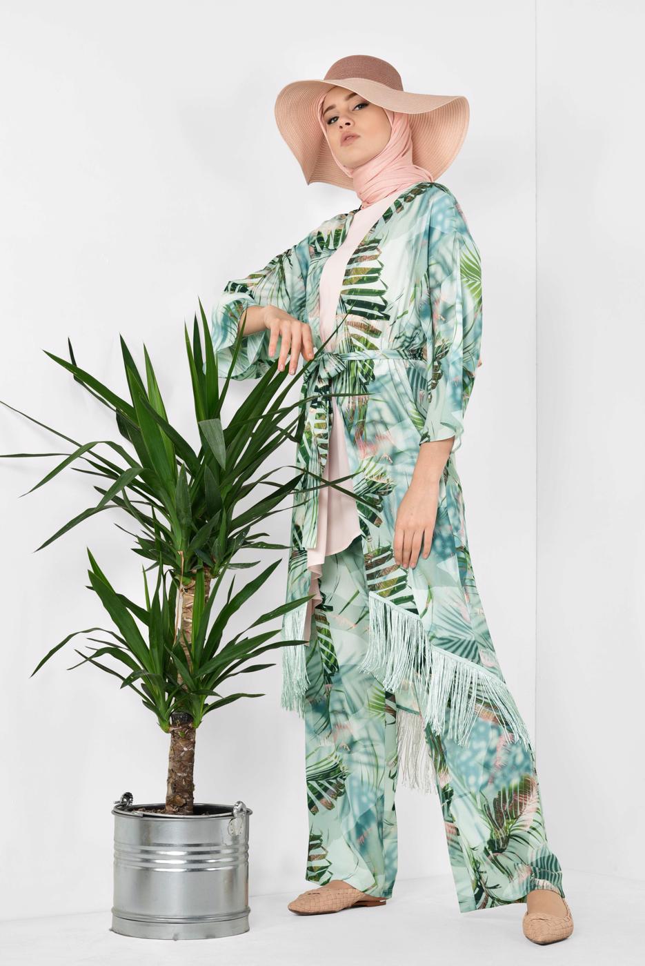 Tesettür giyim YEŞİL ALVİNA DESENLİ PÜSKÜLLÜ 2&prime;Lİ PANTOLONLU TAKIM 4998