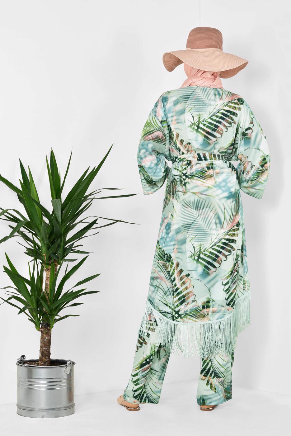 Tesettür giyim YEŞİL ALVİNA DESENLİ PÜSKÜLLÜ 2&prime;Lİ PANTOLONLU TAKIM 4998