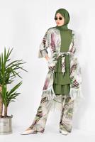 Tesettür giyim GRİ ALVİNA DESENLİ PÜSKÜLLÜ 2&prime;Lİ PANTOLONLU TAKIM 4998